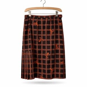 VINTAGE Plaid Paisley Silk-Feel Midi Skirt Side Pleats Lined